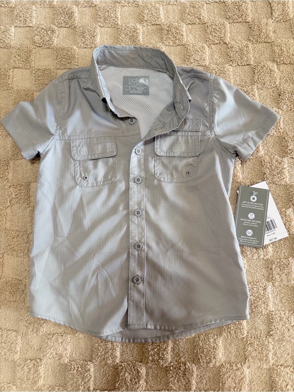 NWT Ocean + Coast Boys Size 4 Gray Fishing Performance Shirt UPF 30